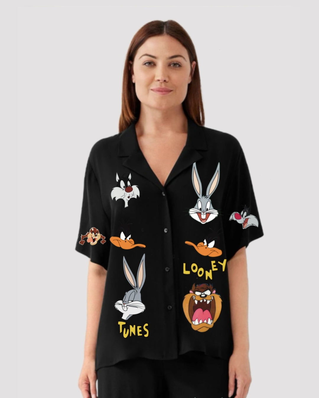 RABBIT WOMEN HALF SLEEVE BLACK OVERSIZED KNITTED SHIRT