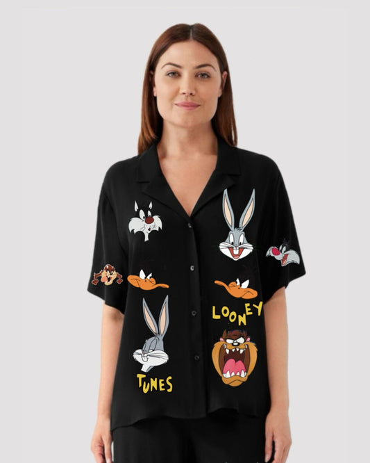 RABBIT WOMEN HALF SLEEVE BLACK OVERSIZED KNITTED SHIRT