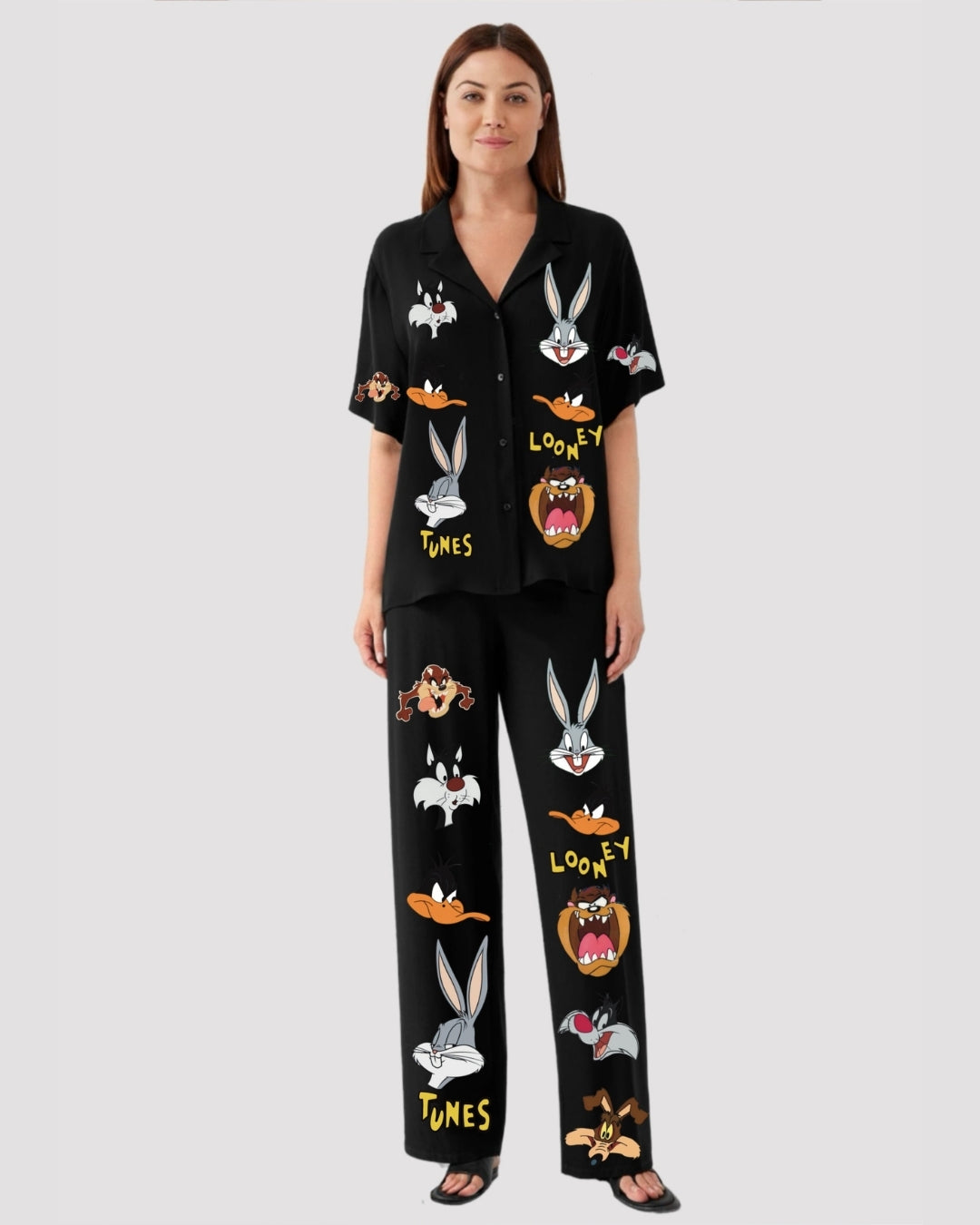 WOMEN RABBIT HALF SLEEVE OVERSIZED KNITTED SHIRT CORD SET - BLACK AND BLACK