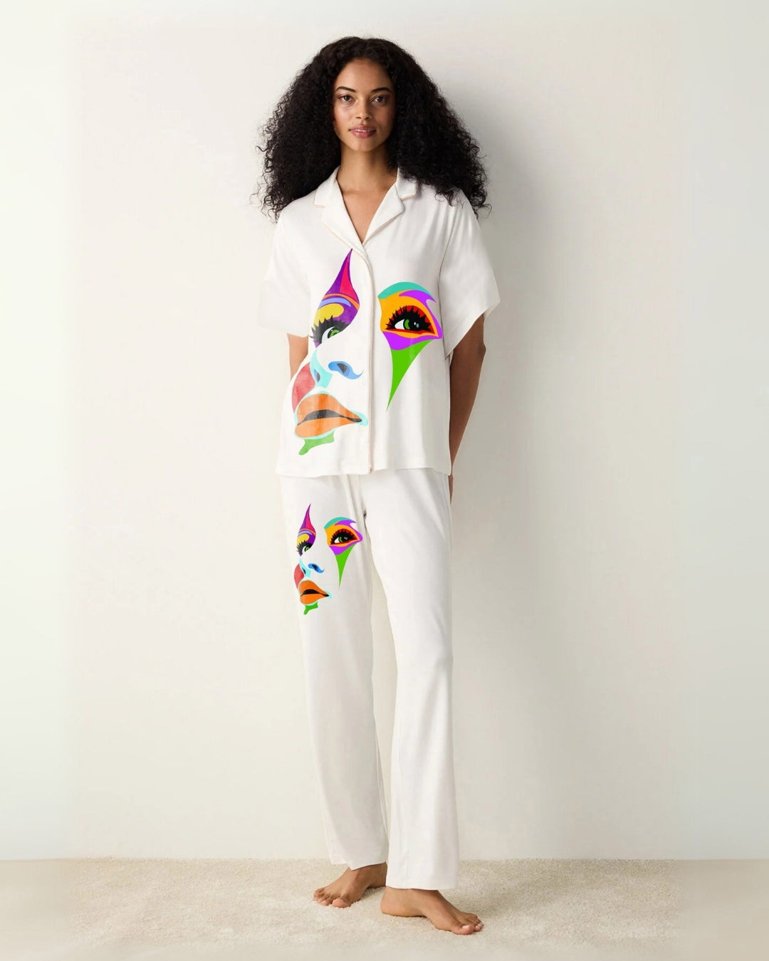 WOMEN LOVING HALF SLEEVE OVERSIZED KNITTED SHIRT CORD SET - WHITE AND WHITE