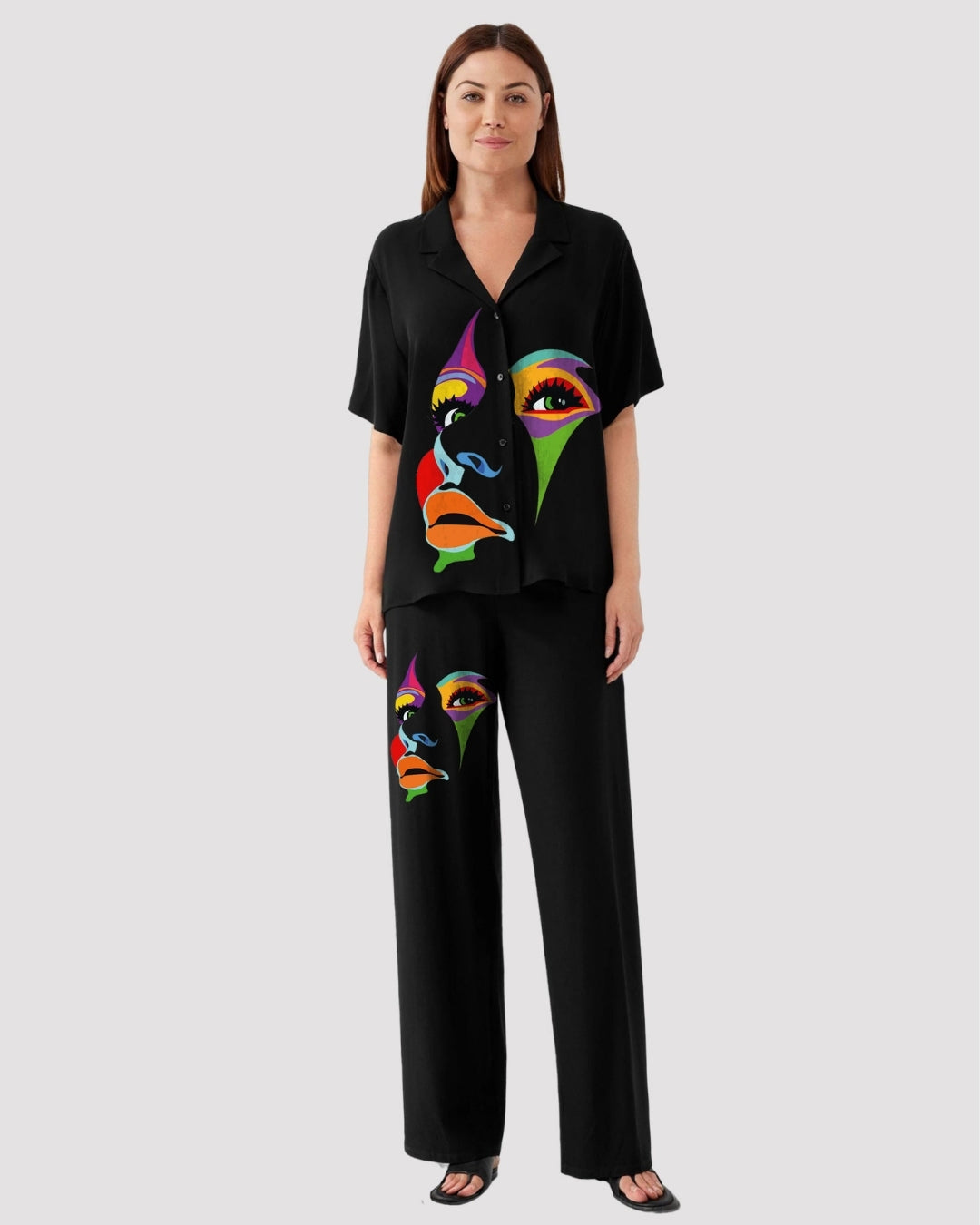 WOMEN LOVING HALF SLEEVE OVERSIZED KNITTED SHIRT CORD SET - BLACK AND BLACK