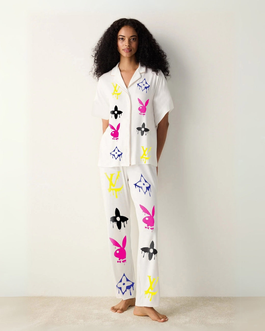 WOMEN PINK RABBIT HALF SLEEVE OVERSIZED KNITTED SHIRT CORD SET - WHITE AND WHITE