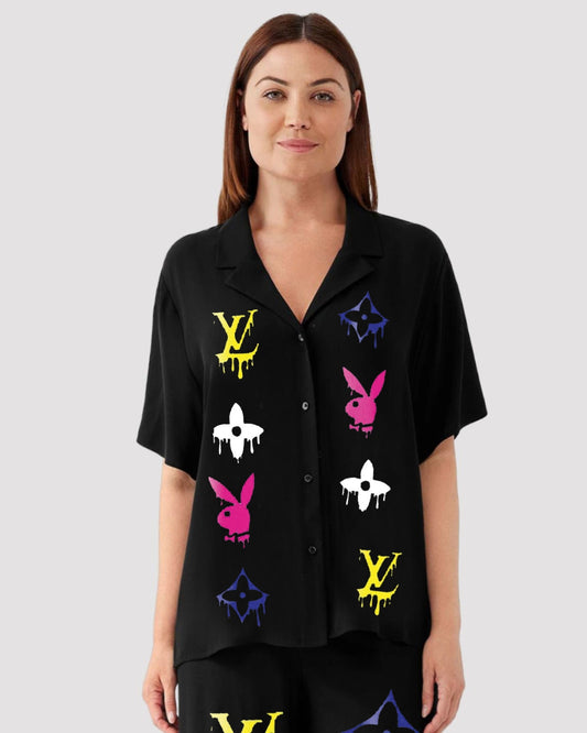 PINK RABIT WOMEN HALF SLEEVE BLACK OVERSIZED KNITTED SHIRT