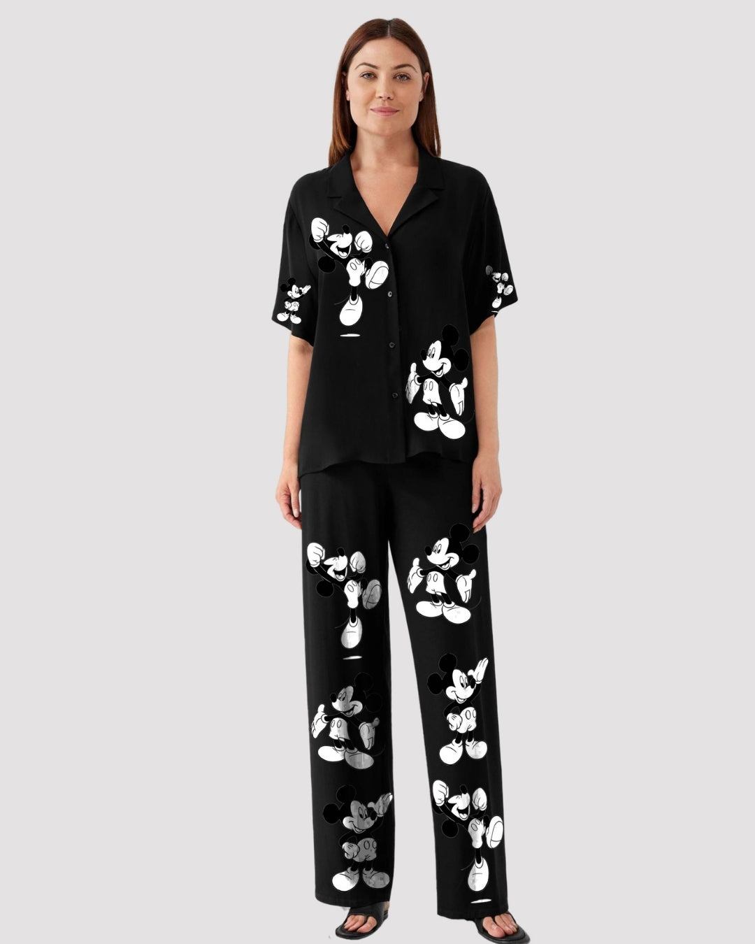 WOMEN MOUSE HALF SLEEVE OVERSIZED KNITTED SHIRT CORD SET - BLACK AND BLACK