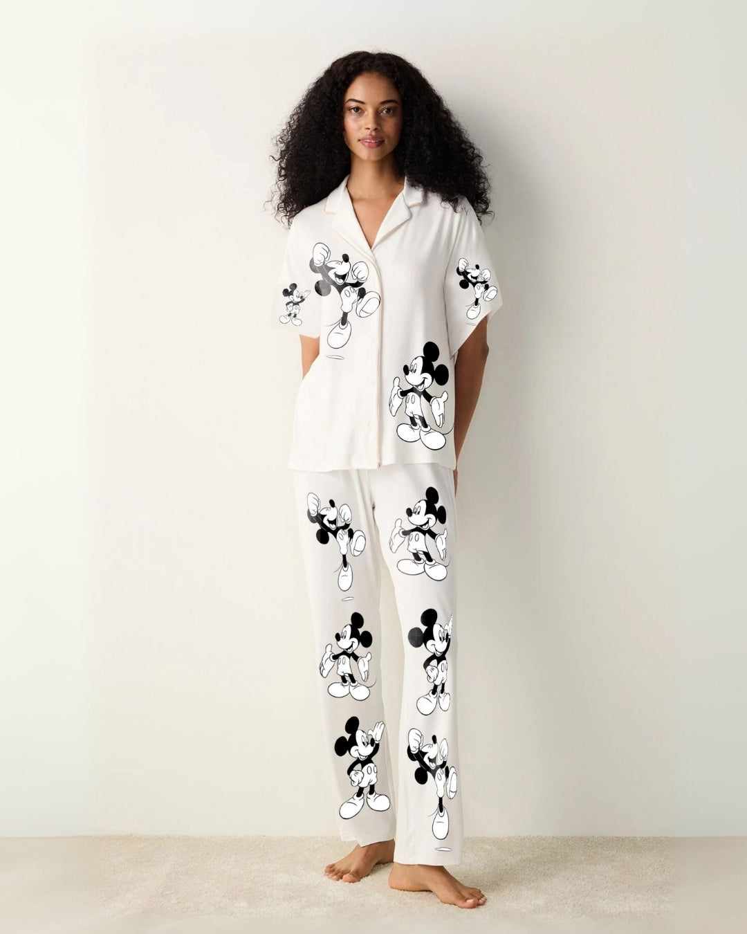 WOMEN MOUSE HALF SLEEVE OVERSIZED KNITTED SHIRT CORD SET - WHITE AND WHITE