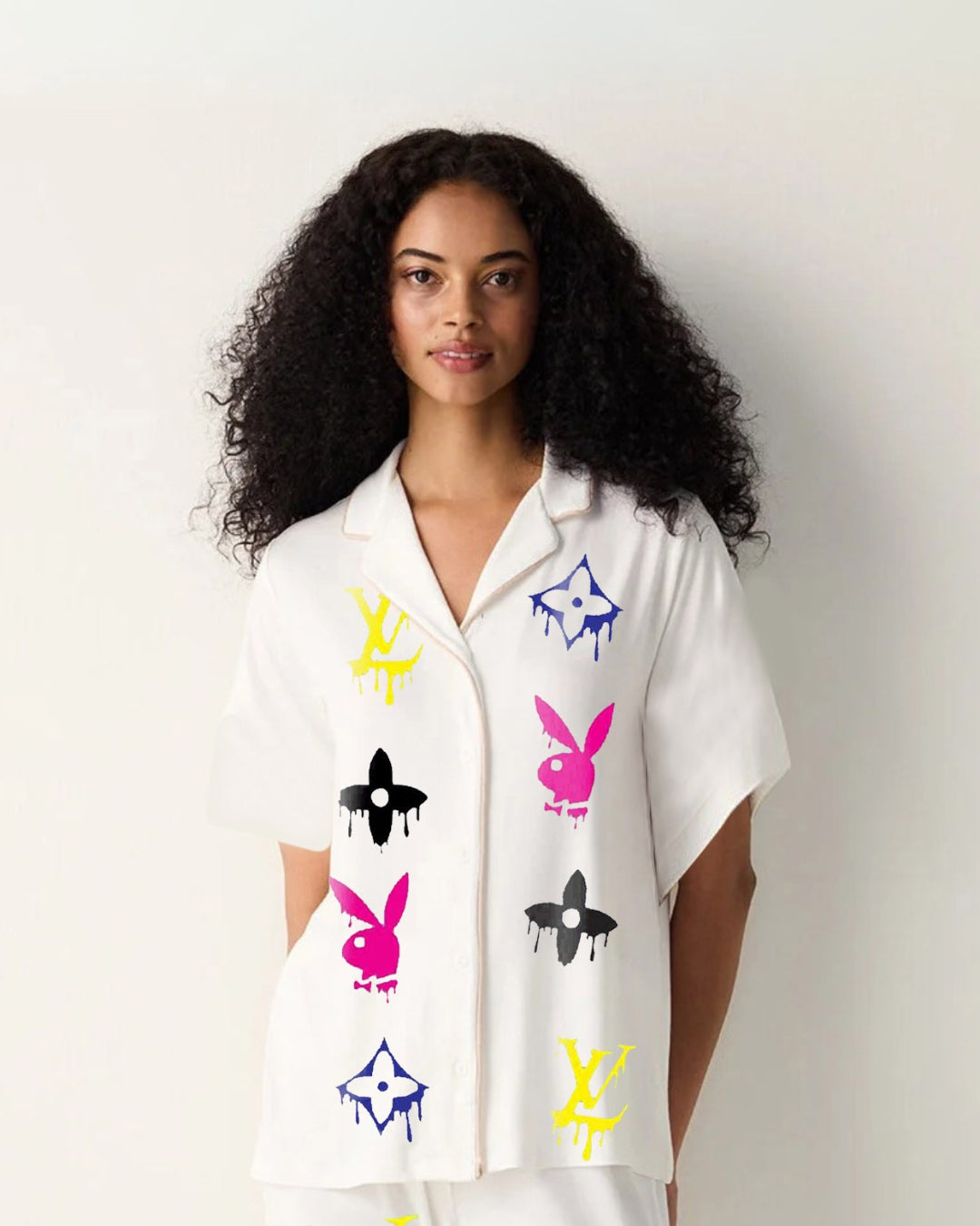 PINK RABBIT WOMEN HALF SLEEVE WHITE OVERSIZED KNITTED SHIRT