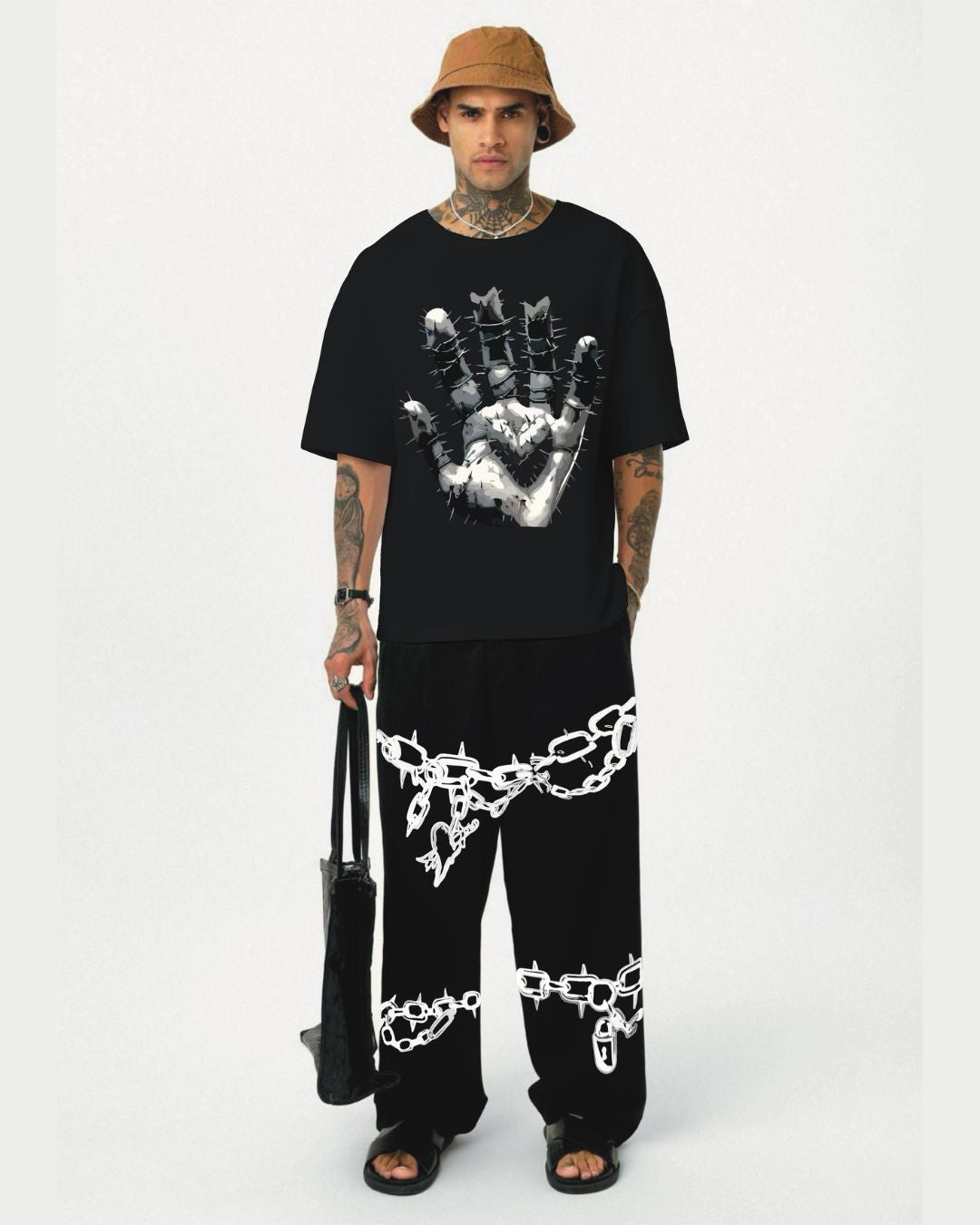 hand urban tee with chain desgin pant cordset (black and black)(*)