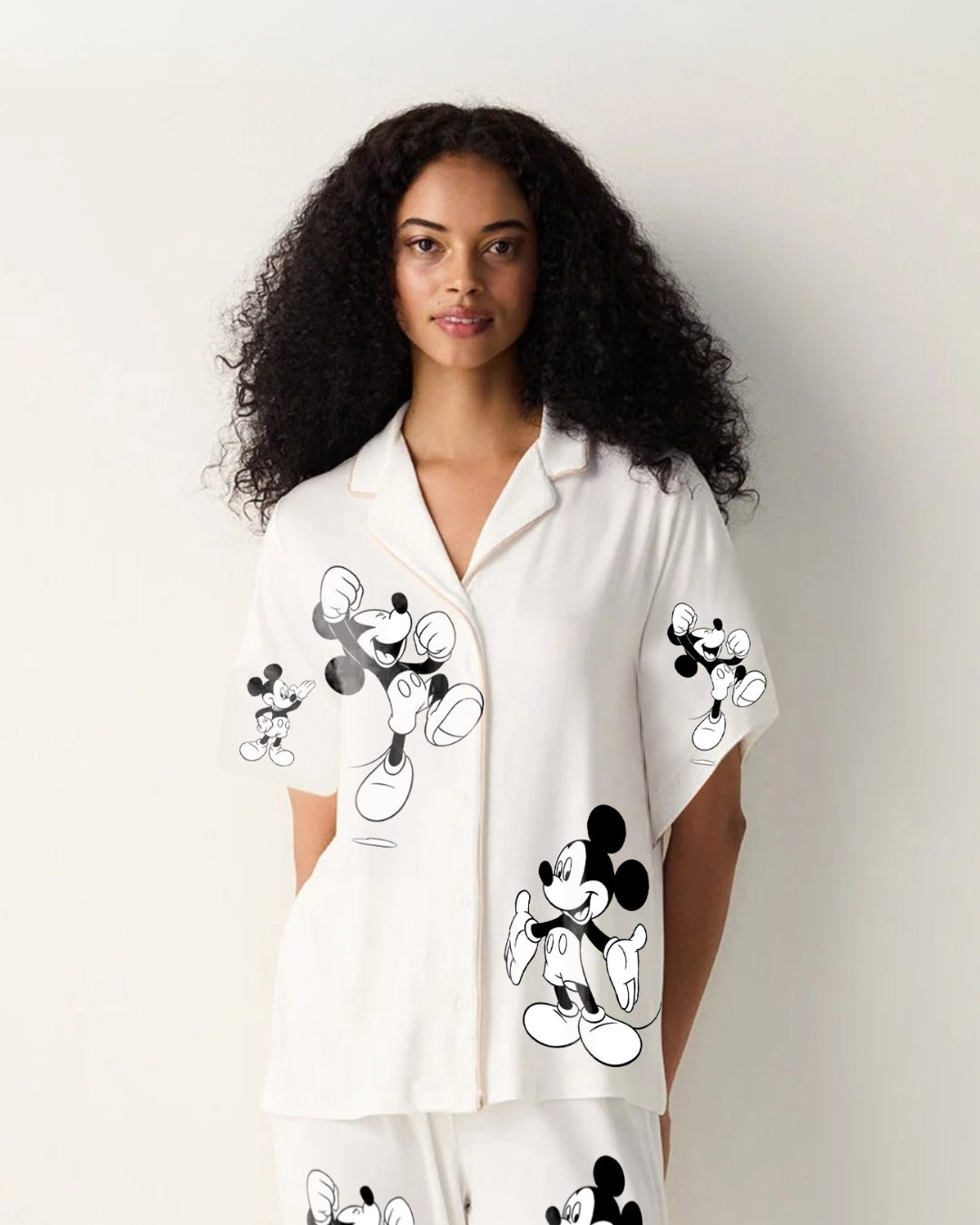 MOUSE WOMEN HALF SLEEVE WHITE OVERSIZED KNITTED SHIRT