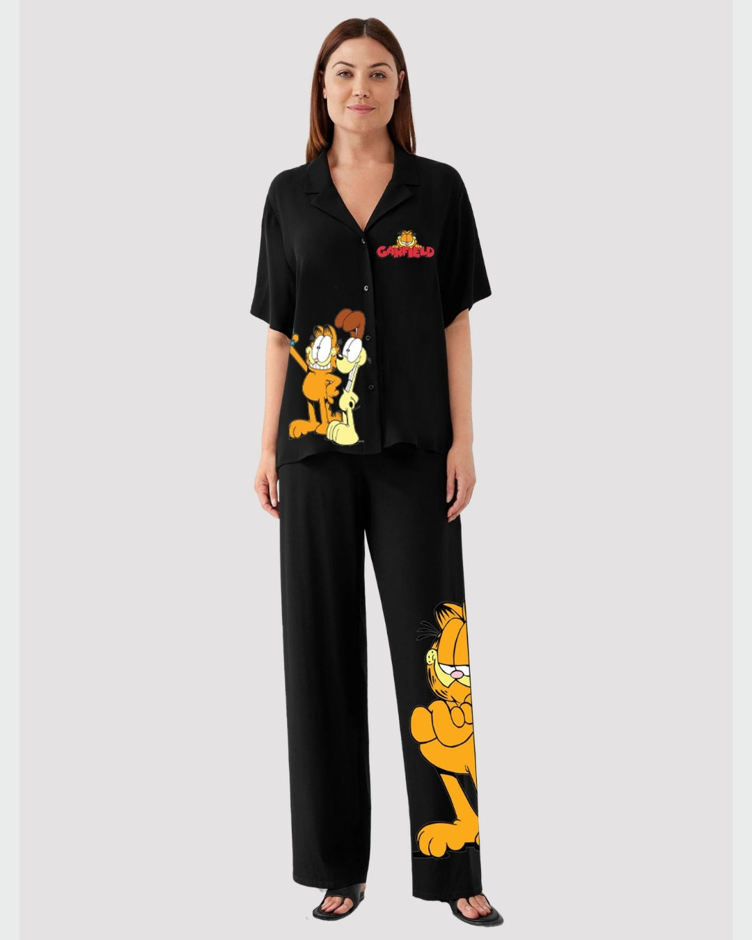 WOMEN CARFIELD HALF SLEEVE OVERSIZED KNITTED SHIRT CORD SET - BLACK AND BLACK