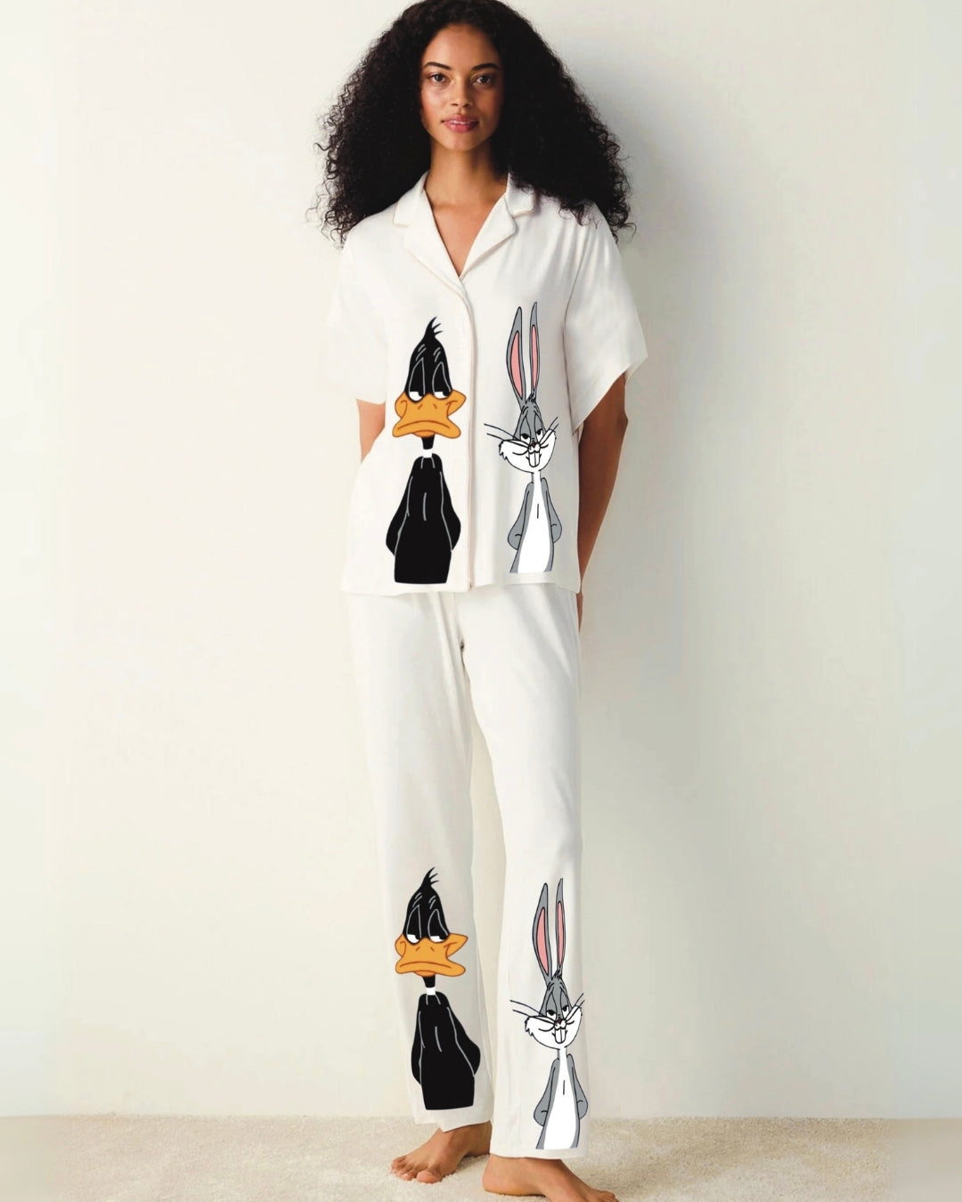 WOMEN DONALD HALF SLEEVE OVERSIZED KNITTED SHIRT CORD SET -WHITE AND WHITE