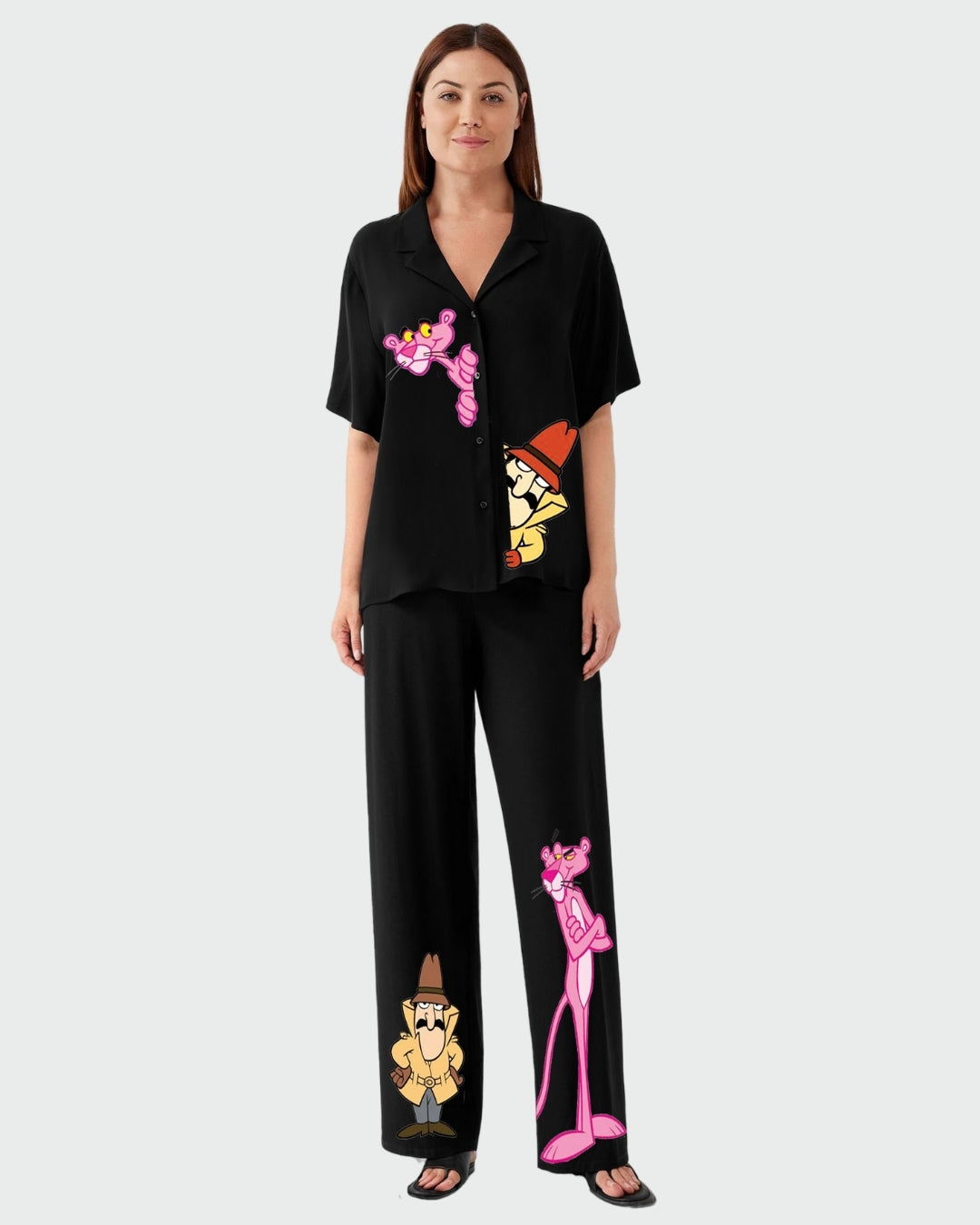 WOMEN PINK PANTHER HALF SLEEVE OVERSIZED KNITTED SHIRT CORD SET - BLACK AND BLACK
