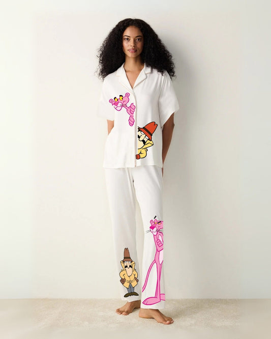 WOMEN PINK PANTHER HALF SLEEVE OVERSIZED KNITTED SHIRT CORD SET - WHITE AND WHITE