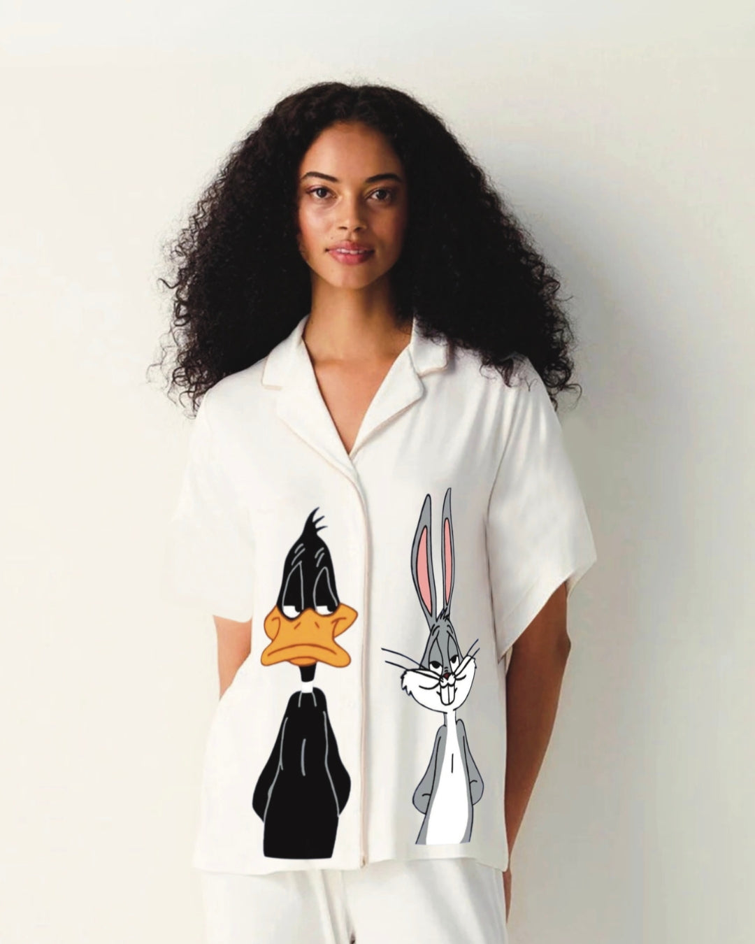 DONALD WOMEN HALF SLEEVE WHITE OVERSIZED KNITTED SHIRT