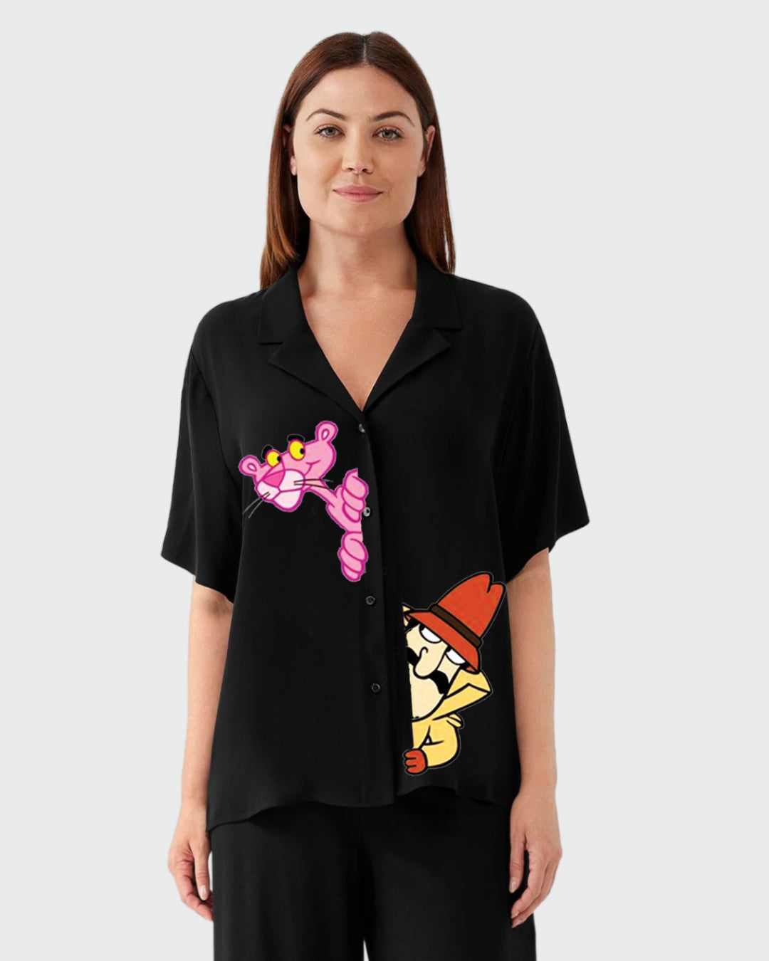 PINK PANTHER WOMEN HALF SLEEVE BLACK OVERSIZED KNITTED SHIRT