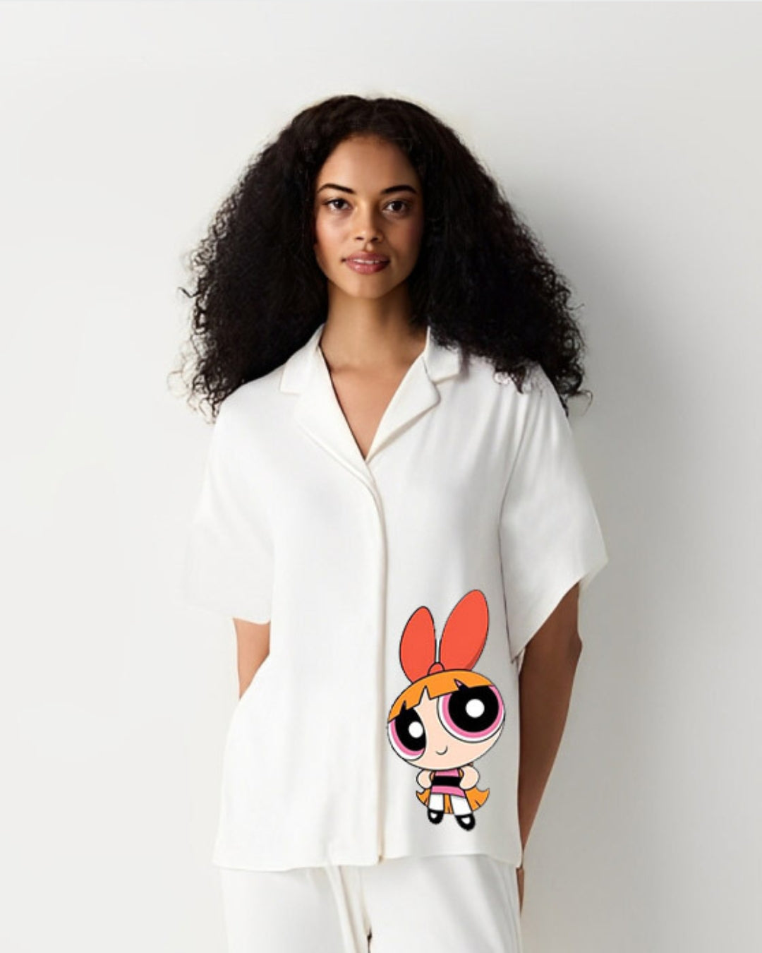POWEPUFF WOMEN HALF SLEEVE WHITE OVERSIZED KNITTED SHIRT