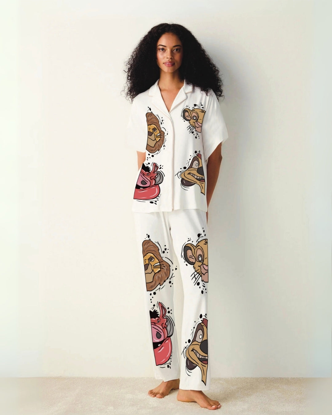 WOMEN ANIMAL GRAPHICS HALF SLEEVE OVERSIZED KNITTED SHIRT CORD SET - WHITE AND WHITE