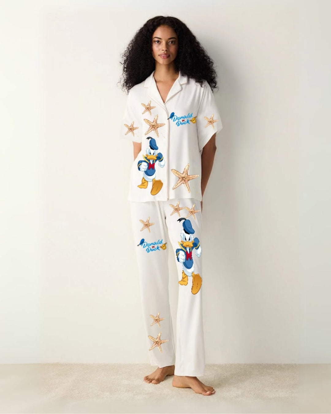 WOMEN ANGRY DUCK HALF SLEEVE OVERSIZED KNITTED SHIRT CORD SET - WHITE AND WHITE