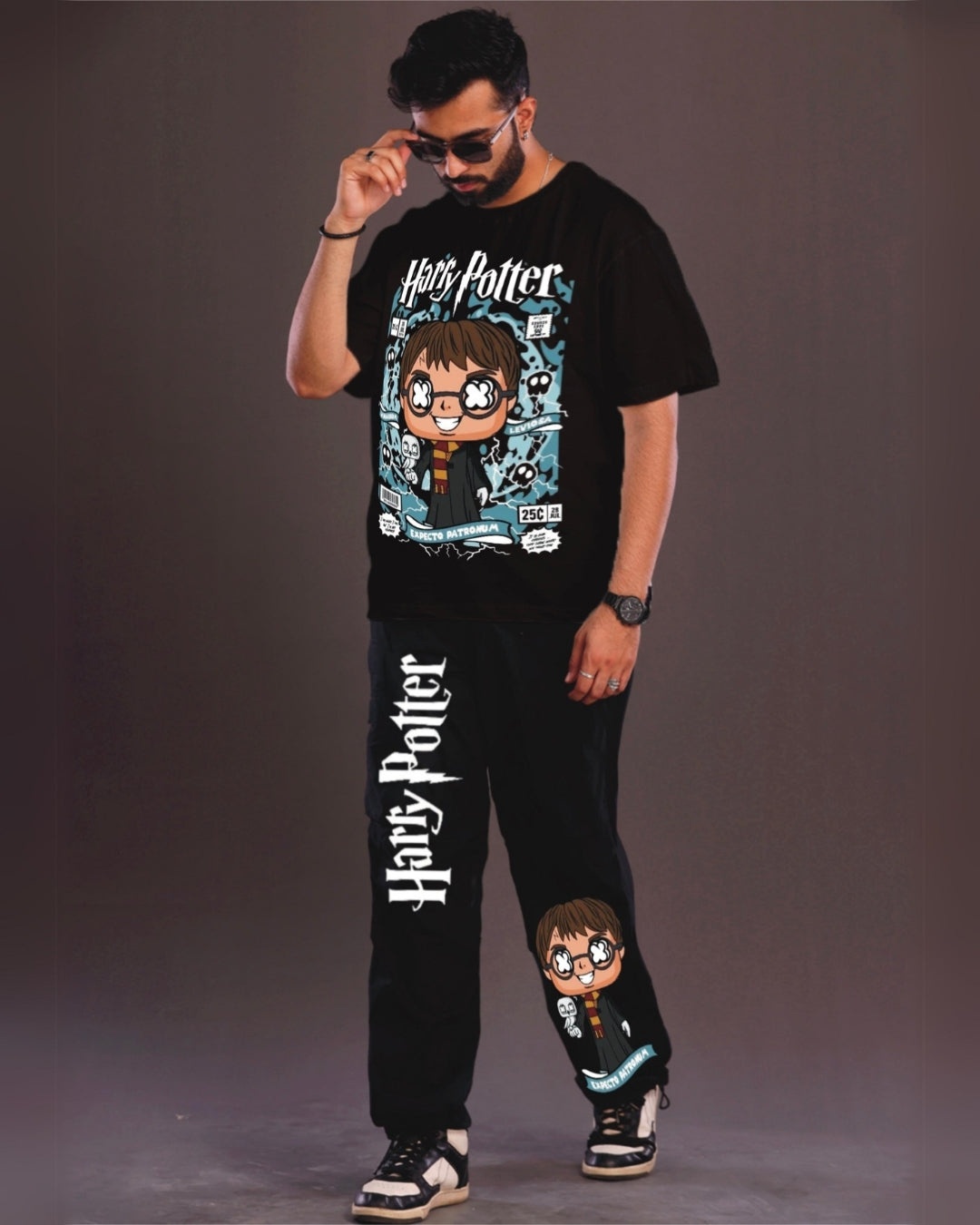 Young Harry Potter Men's Oversized Black and Black Coord Set