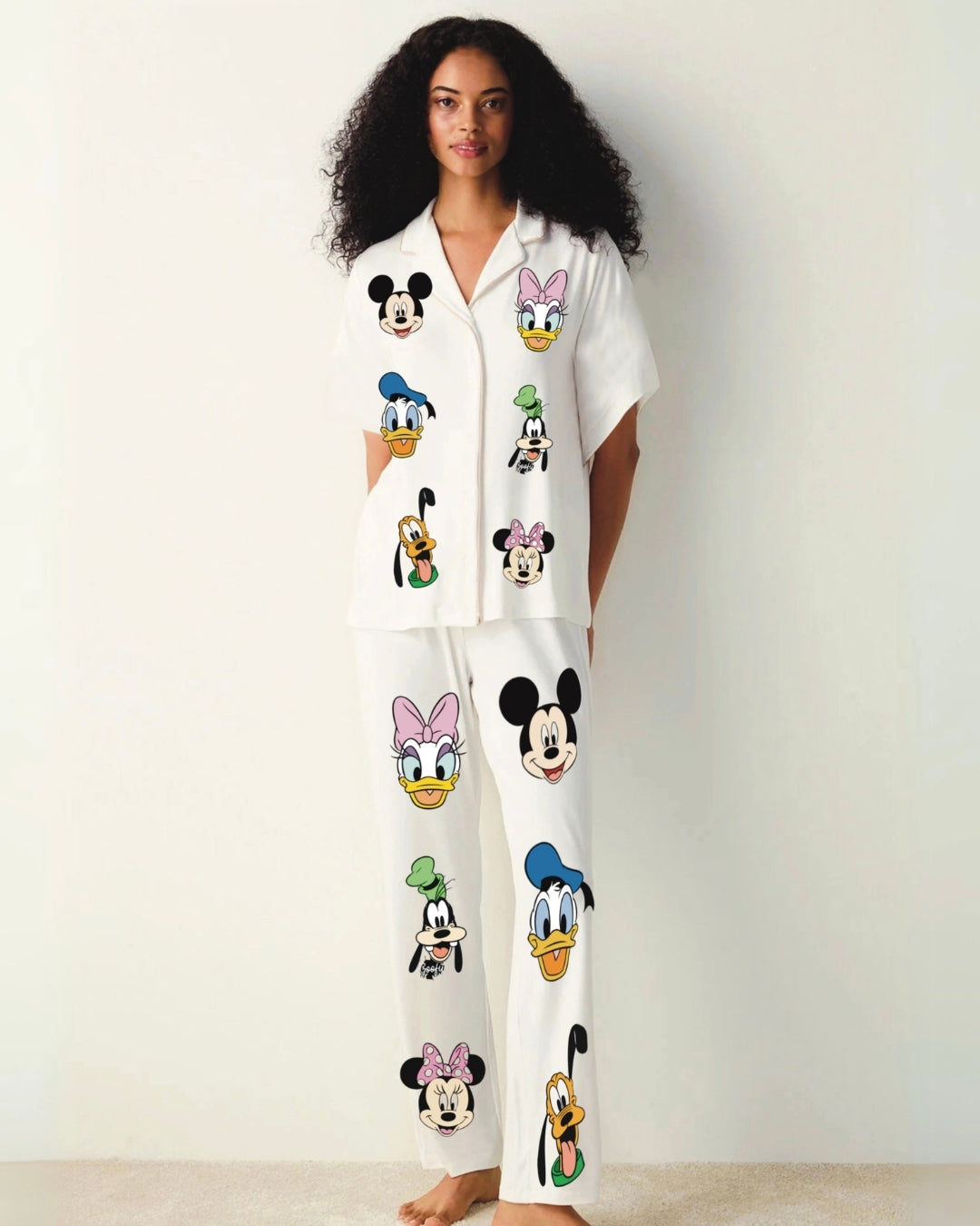 WOMEN MOUSE HALF SLEEVE OVERSIZED KNITTED SHIRT CORD SET - WHITE AND WHITE