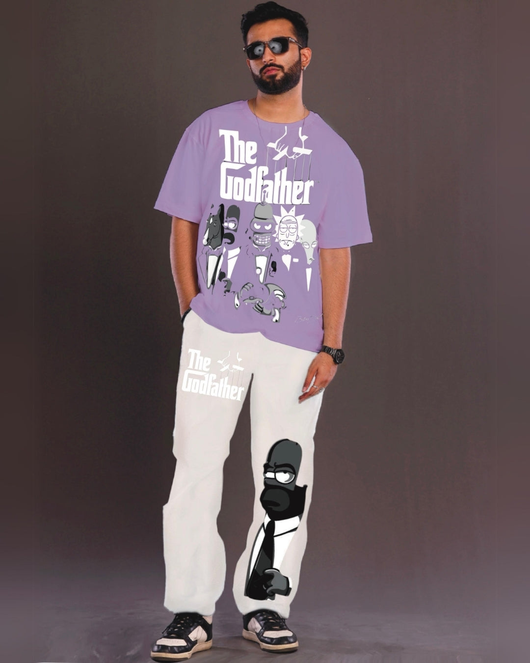 The GodFather Men's Oversized Purple and White Coord Set