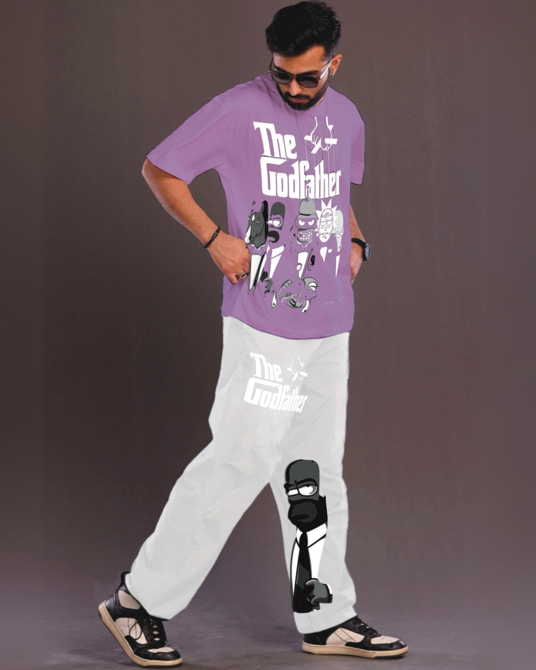 The GodFather Men's Oversized Purple and White Coord Set