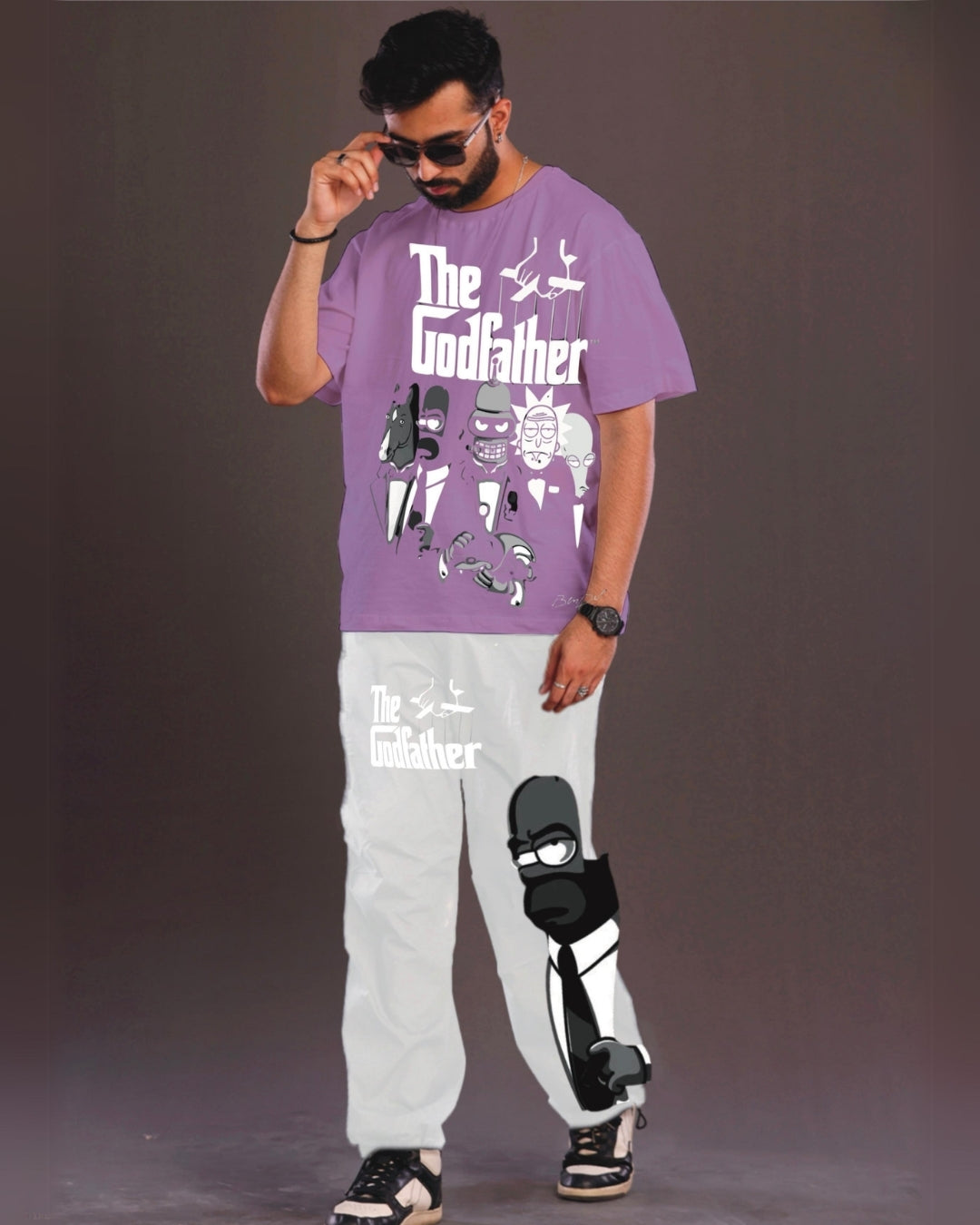 The GodFather Men's Oversized Purple and White Coord Set