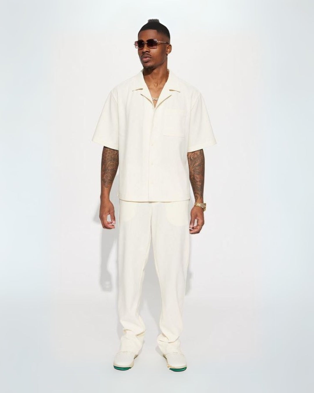 HALF SLEEVE SOLID OVERSIZED KNITTED SHIRT CORD SET - WHITE AND WHITE