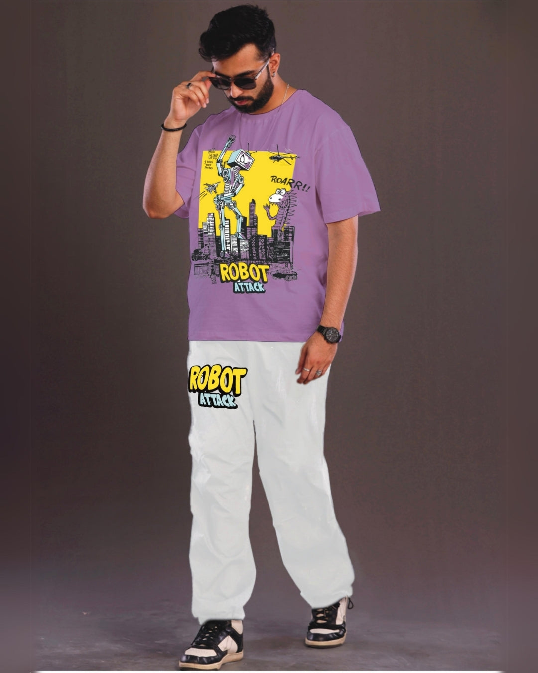Robot Attack Men's Oversized Purple and White Coord Set