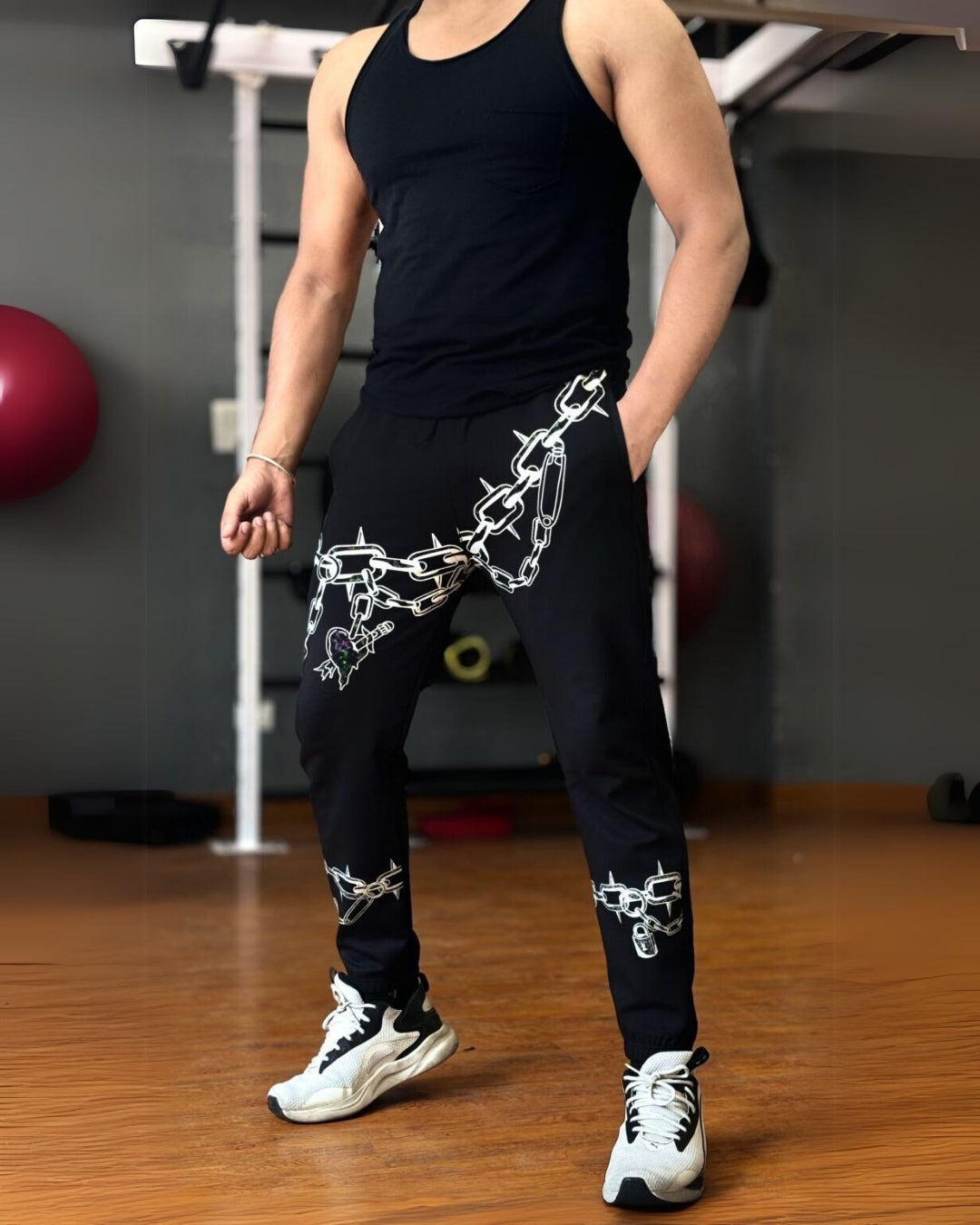 Men's Black Cotton Pant - Chain Design(*)