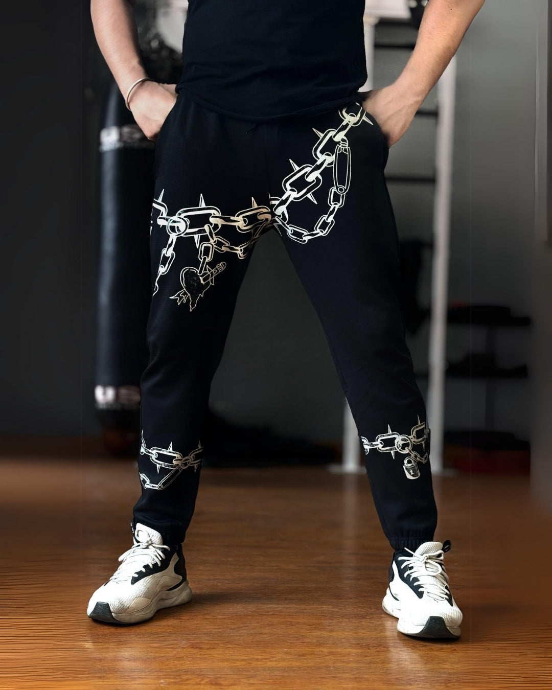 Men's Black Cotton Pant - Chain Design(*)