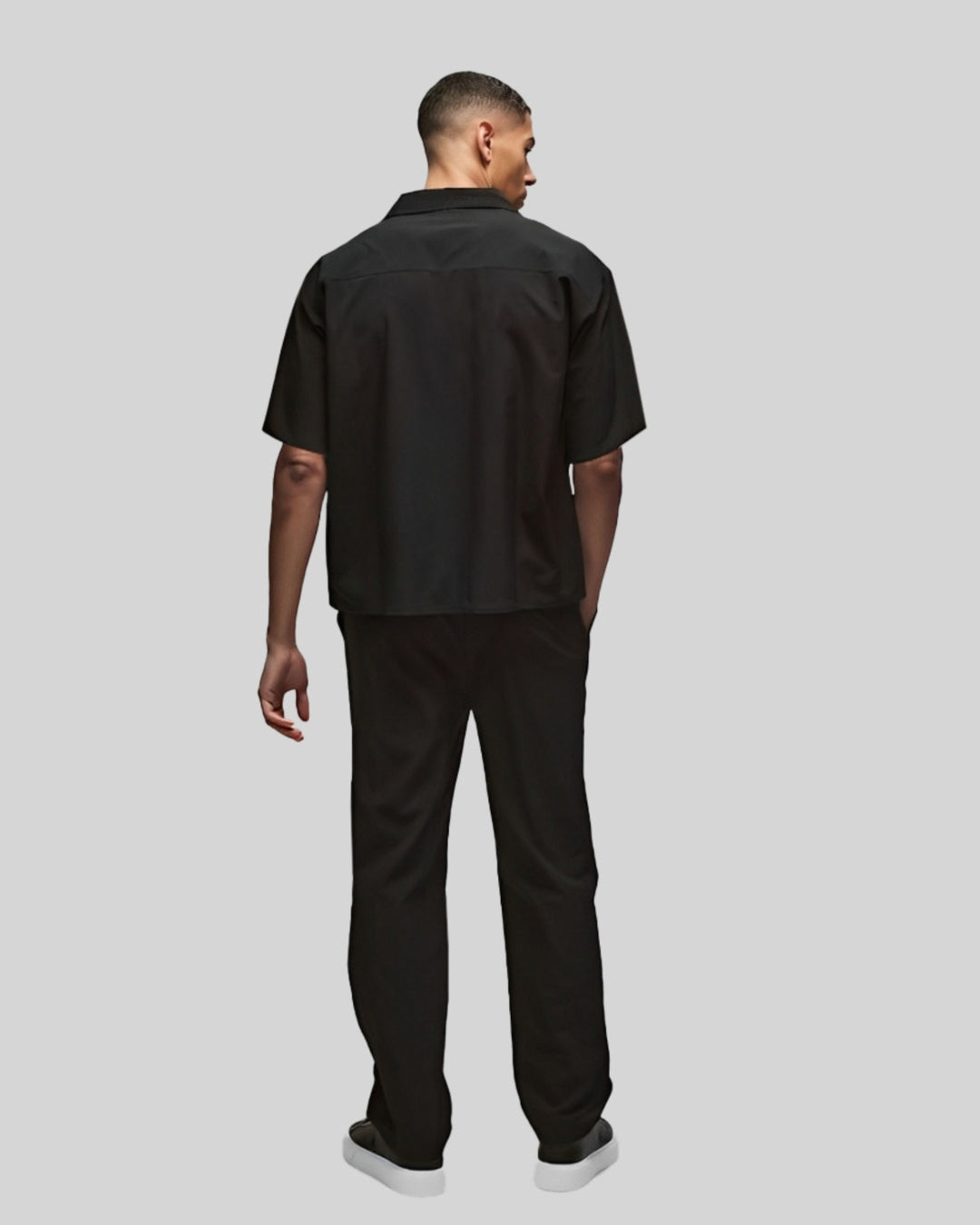 GREEN FLORAL HALF SLEEVE OVERSIZED KNITTED SHIRT CORD SET - BLACK AND BLACK