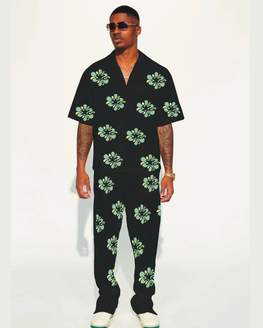 GREEN FLORAL HALF SLEEVE OVERSIZED KNITTED SHIRT CORD SET - BLACK AND BLACK