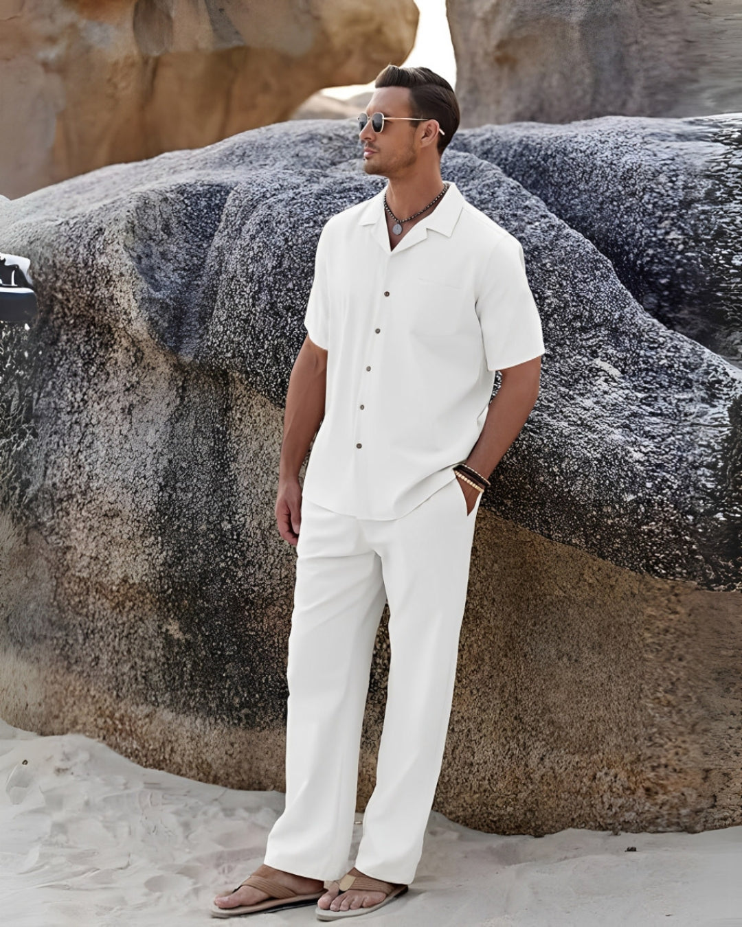 HALF SLEEVE SOLID OVERSIZED KNITTED SHIRT CORD SET - WHITE AND WHITE