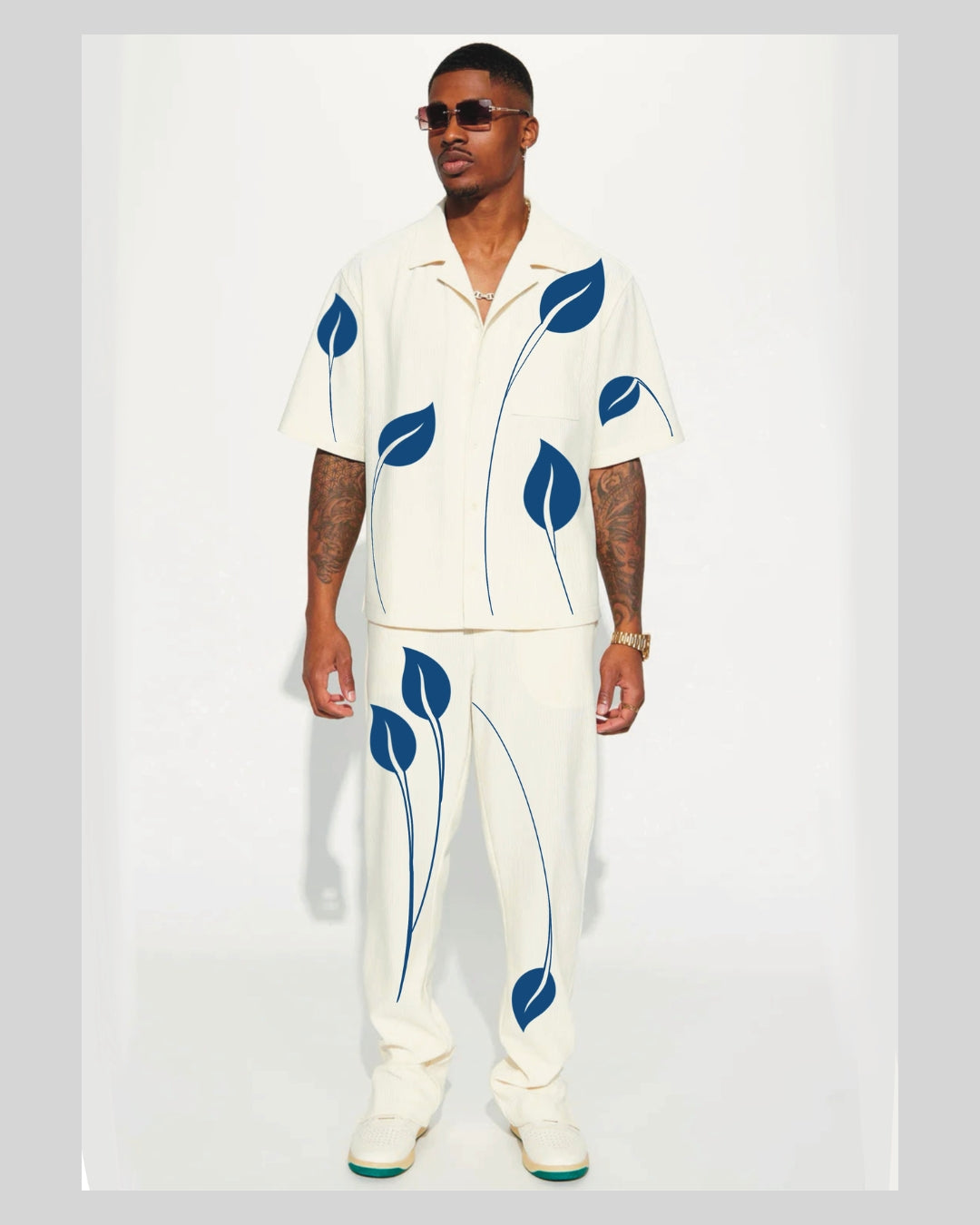 HALF SLEEVE BLUE FLORAL OVERSIZED KNITTED SHIRT CORD SET - WHITE AND WHITE