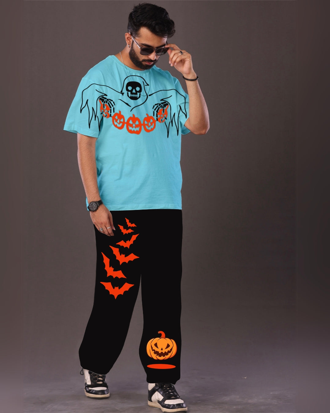 Pumpkin Ghost: Blue and Black Oversized Men's Co Ord Set