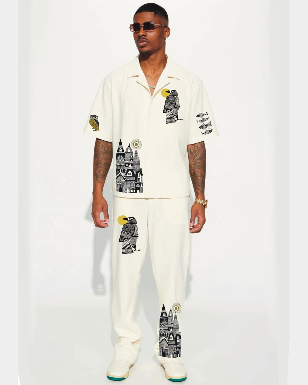 HALF SLEEVE FISH STYLE OVERSIZED KNITTED SHIRT CORD SET - WHITE AND WHITE