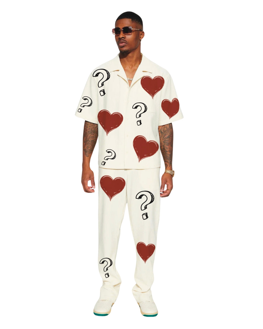 HALF SLEEVE QUIRKY HEARTS OVERSIZED KNITTED SHIRT CORD SET - WHITE AND WHITE