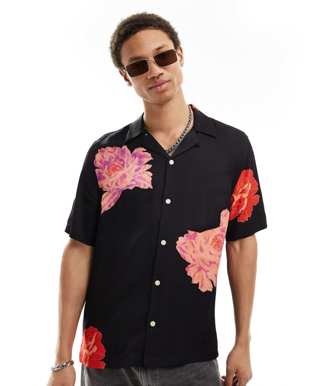 DEOL FLOWERS HALF SLEEVE BLACK OVERSIZED KNITTED SHIRT(*)