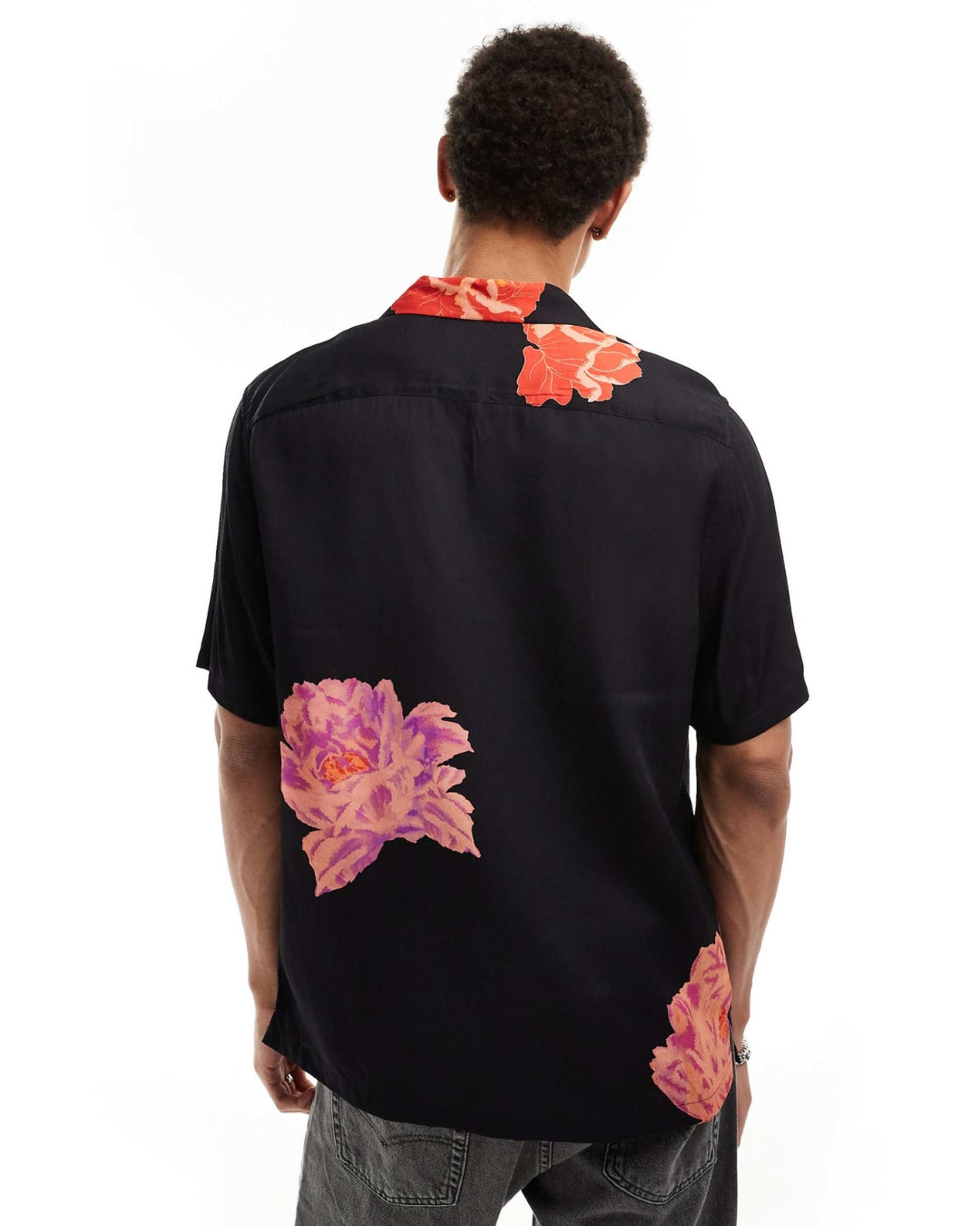 DEOL FLOWERS HALF SLEEVE BLACK OVERSIZED KNITTED SHIRT(*)
