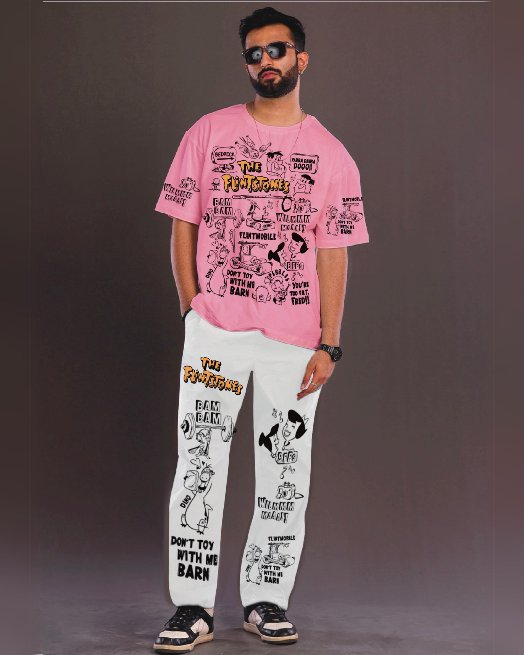 Men's The Flintstones Oversized Co-Ord Set - Pink and White