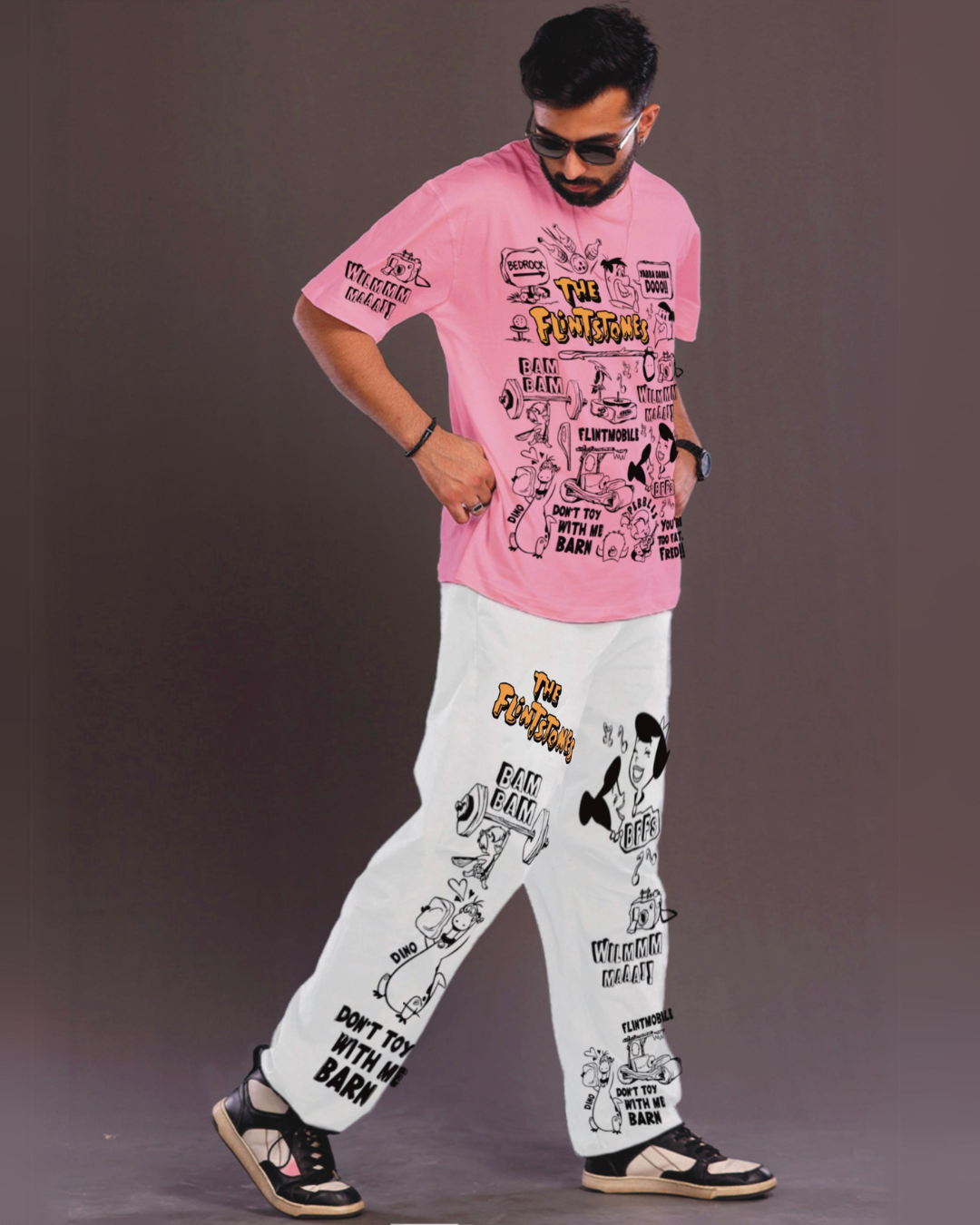 Men's The Flintstones Oversized Co-Ord Set - Pink and White