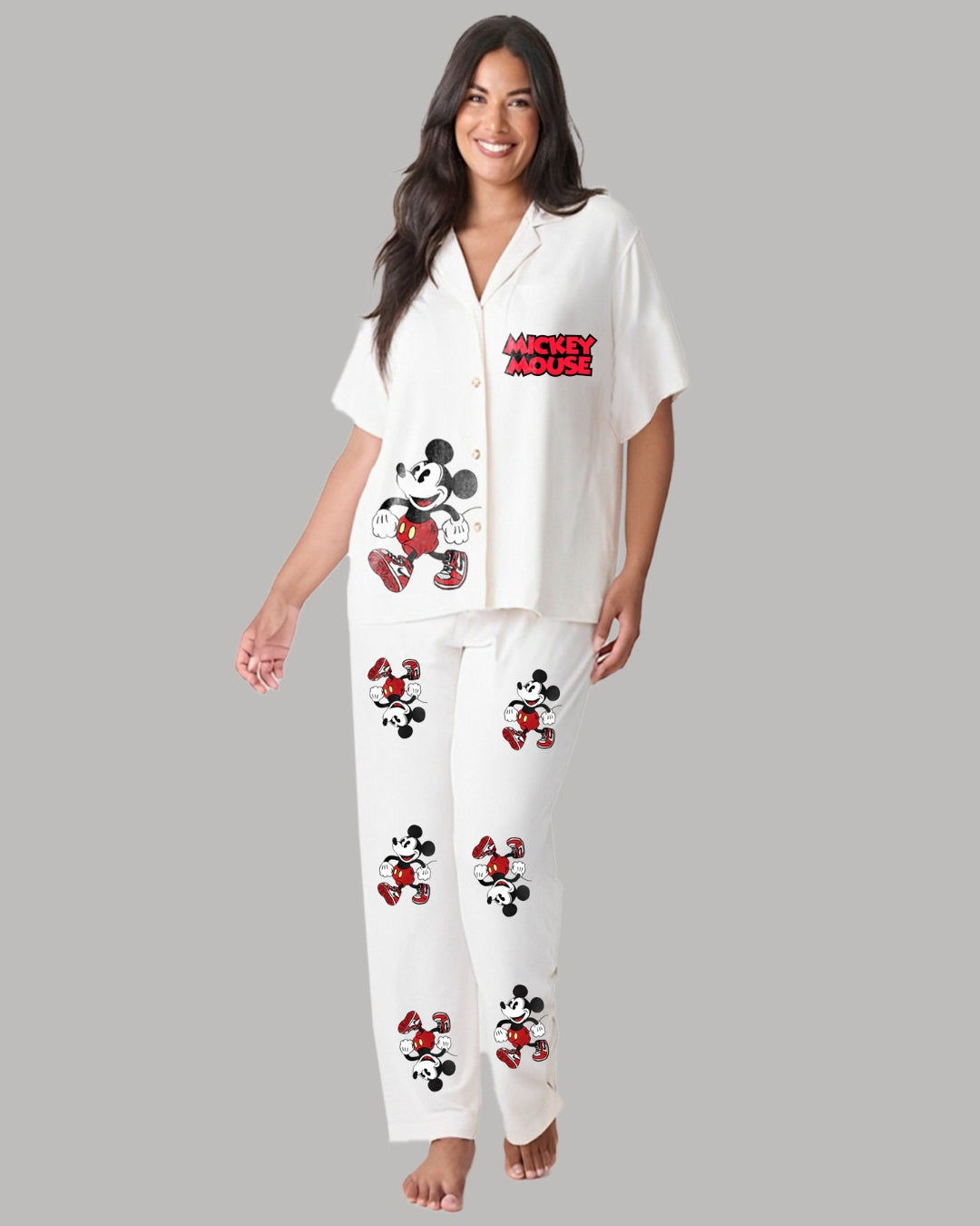 MICKEY STYLE WOMEN HALF SLEEVE OVERSIZED KNITTED SHIRT CORD SET - WHITE AND WHITE