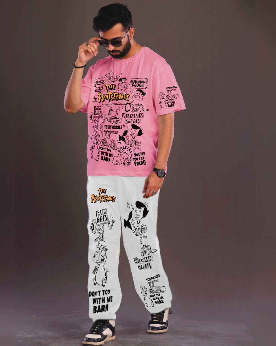Men's The Flintstones Oversized Co-Ord Set - Pink and White