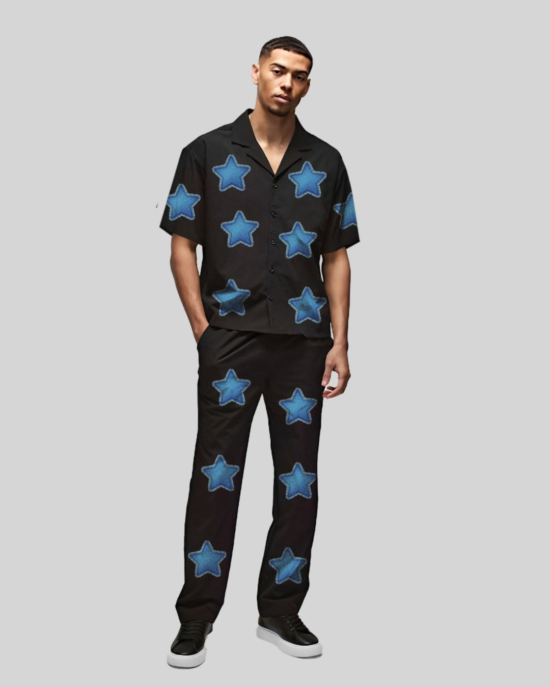 BLUE STAR HALF SLEEVE OVERSIZED KNITTED SHIRT CORD SET - BLACK AND BLACK