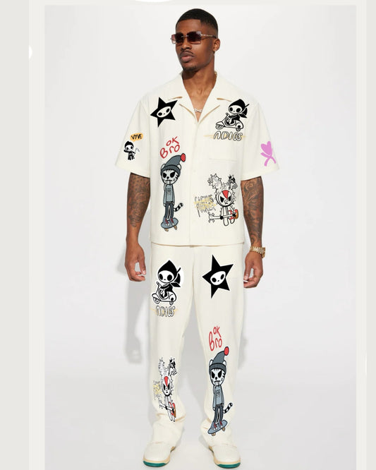 OK BRO  HALF SLEEVE OVERSIZED KNITTED SHIRT CORD SET - WHITE AND WHITE