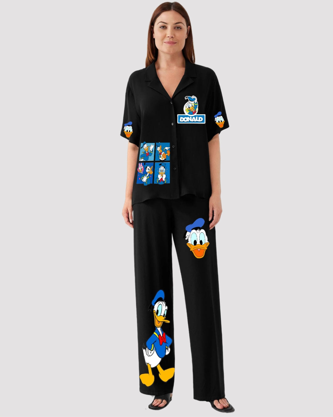 DONALD WOMEN HALF SLEEVE OVERSIZED KNITTED SHIRT CORD SET - BLACK AND BLACK