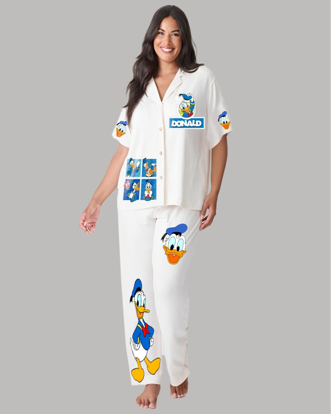 DONALD DUCK HALF SLEEVE OVERSIZED KNITTED SHIRT CORD SET - WHITE AND WHITE