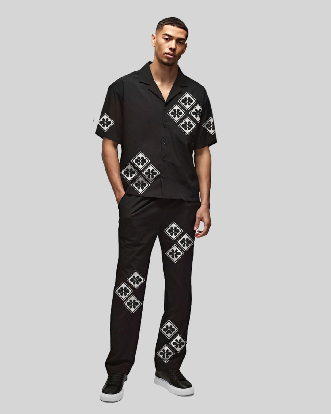 WHITE FLORAL HALF SLEEVE OVERSIZED KNITTED SHIRT CORD SET - BLACK AND BLACK