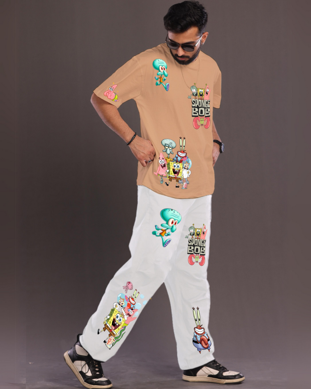 Men's SpongeBob Graphic Oversized Co-Ord Set - Beige and White