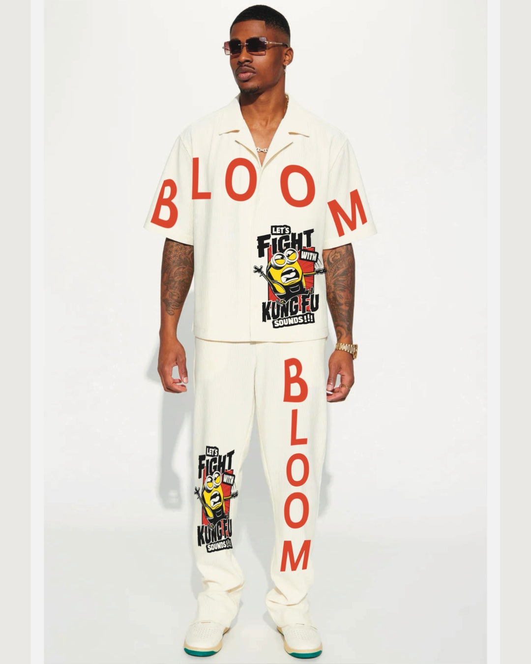 BLOOM HALF SLEEVE OVERSIZED KNITTED SHIRT CORD SET - WHITE AND WHITE